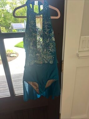 Glamour Teal Halter Dance Leotard with Floral Sequin Embellishments